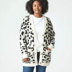 Zesica Leopard Print Oversized Cardigan White Black Animal Knit Button Front 2XL